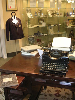 Antique president’s desk and exhibits in the Hood College Museum.